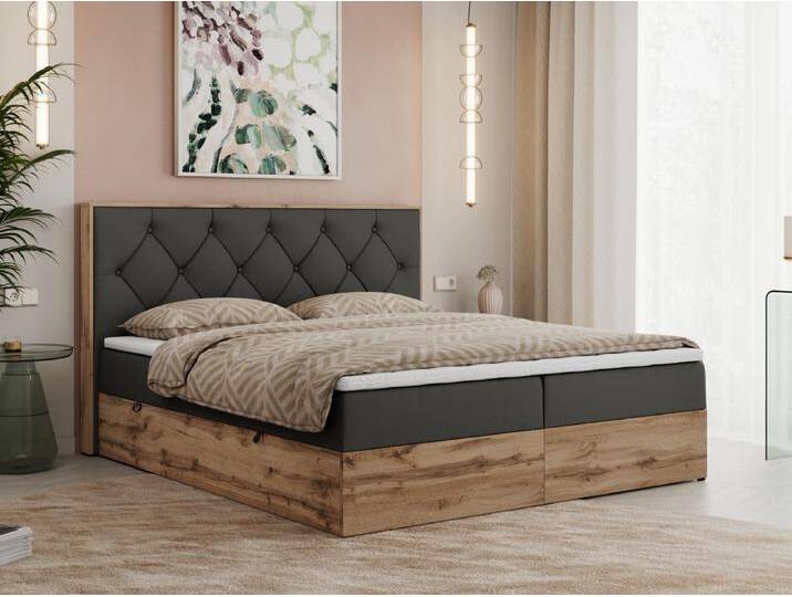 Boxspringbett VENETO - gestepptem Kopfteil, Set mit Multipocket-Matratze und Topper, Holzrahmen, zwei Bettkästen - 180x200 cm - H4 - Dunkelgrau Kunstleder von Kauf-Unique Marketplace