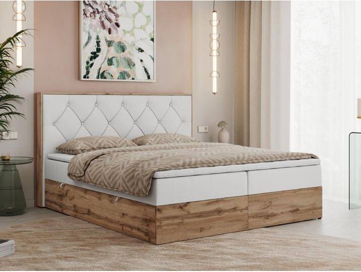 Boxspringbett VENETO - gestepptem Kopfteil, Set mit Multipocket-Matratze und Topper, Holzrahmen, zwei Bettkästen - 180x200 cm - H4 - Weiß Kunstleder von Kauf-Unique Marketplace