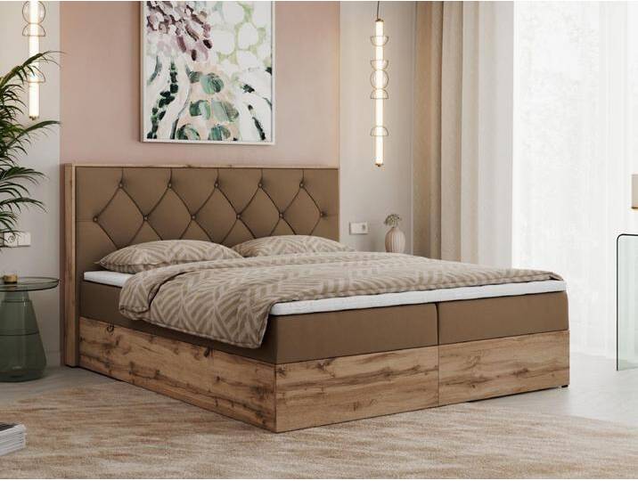 Boxspringbett VENETO - gestepptem Kopfteil, Set mit Multipocket-Matratze und Topper, Holzrahmen, zwei Bettkästen - 200x200 cm - H3 - Braun Kunstleder von Kauf-Unique Marketplace