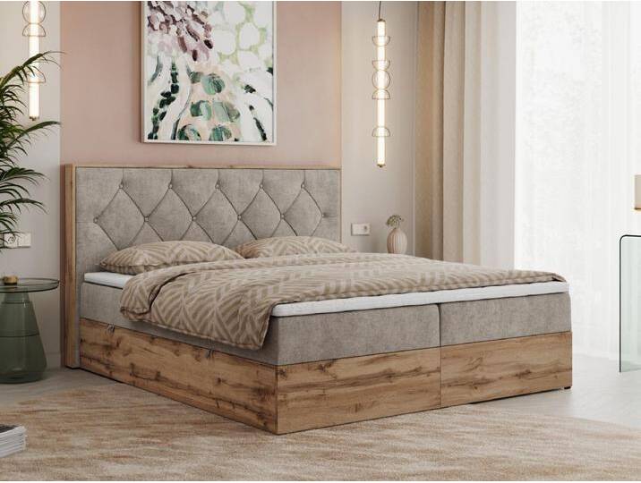 Boxspringbett VENETO - gestepptem Kopfteil, Set mit Multipocket-Matratze und Topper, Holzrahmen, zwei Bettkästen - 200x200 cm - H4 - Beige Strukture von Kauf-Unique Marketplace