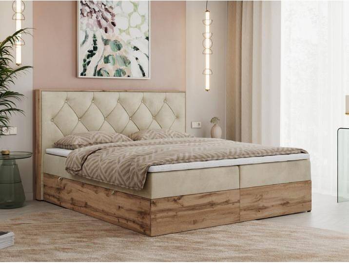 Boxspringbett VENETO - gestepptem Kopfteil, Set mit Multipocket-Matratze und Topper, Holzrahmen, zwei Bettkästen - 200x200 cm - H4 - Beige Velvet von Kauf-Unique Marketplace