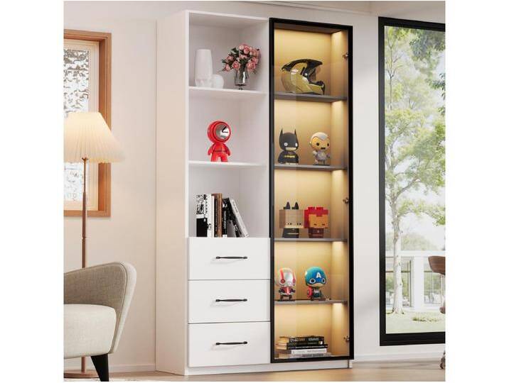 Buffet-Vitrine – 80 x 40 x 160 cm – mit Hartglastür + LEDs + 3 Schubladen – Spanplatte – Weiß Buffet-Vitrine – 80 x 40 x 160 cm – mit Hartglastür + LEDs + 3 Schubladen – Spanplatte – Weiß von Kauf-Unique Marketplace
