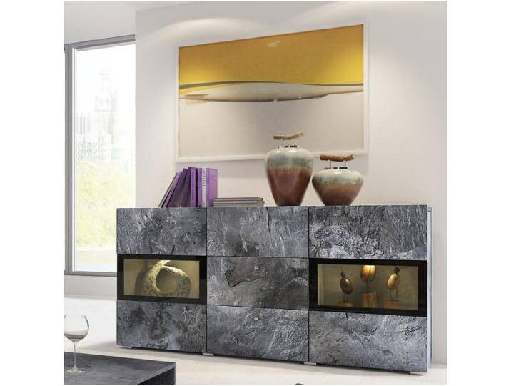 Buffet mit 2 Türen und 3 Schubladen, Kollektion RAMOS. Integrierte LED-Beleuchtung. Farbe: Schiefergrau und Schwarz. von Kauf-Unique Marketplace