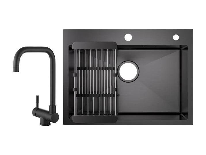 Cecipa max 1 Becken Edelstahlspüle mit Abflusskorb - Schwarze Küchenspüle 60×45×18 cm + klappbare Küchenarmatur unter Fenster Mischbatterie Schwarz von Kauf-Unique Marketplace