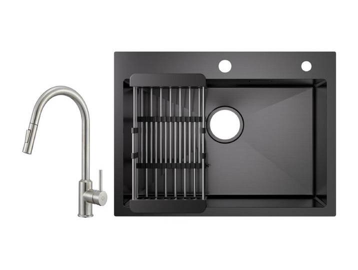 Cecipa max 1 Becken Edelstahlspüle mit Ablaufkorb – Schwarze Spüle 60×45cm + Küchenmischbatterie mit ausziehbarer Brause – 2 Wasserauslassmodi von Kauf-Unique Marketplace