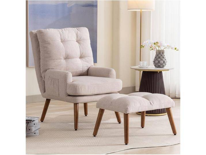 Chaiselongue mit Fußstütze - 60 x 67 x 96,5 cm - verstellbare Rückenlehne - Liegefunktion - Massivholz - Beige von Kauf-Unique Marketplace