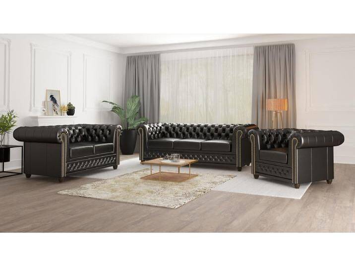 Chesterfield Polstergarnitur 3+2+1 mit Schlaffunktion aus veganem Leder mit Holzbeinen - Rex Chesterfield Polstergarnitur 3+2+1 mit Schlaffunktion aus veganem Leder mit Holzbeinen - Rex von Kauf-Unique Marketplace