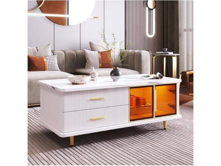 Couchtisch, Beistelltisch mit Tür aus gehärtetem Glas, Schubladen mit Wellenstruktur Couchtisch, Beistelltisch mit Tür aus gehärtetem Glas, Schubladen mit Wellenstruktur von Kauf-Unique Marketplace