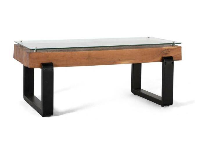 Couchtisch aus Altholz und Metallgestell mit Glasplatte von Kauf-Unique Marketplace