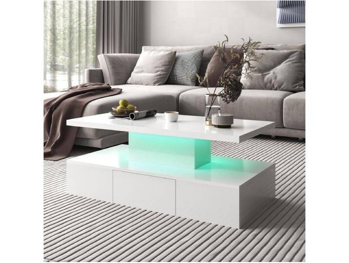 Couchtisch mit Schubladen, Hochglanzlack, Tisch mit zwei Ablageebenen, LED-Licht, 100 L x 50 B x 39 Hcm Weiß von Kauf-Unique Marketplace