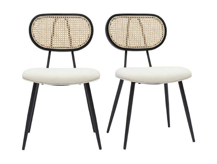 Design-Stühle aus Stoff mit Wolleffekt in Off-White, schwarzem Metall und naturfarbenem Rattangeflecht (2er-Set) TOLMA von Kauf-Unique Marketplace