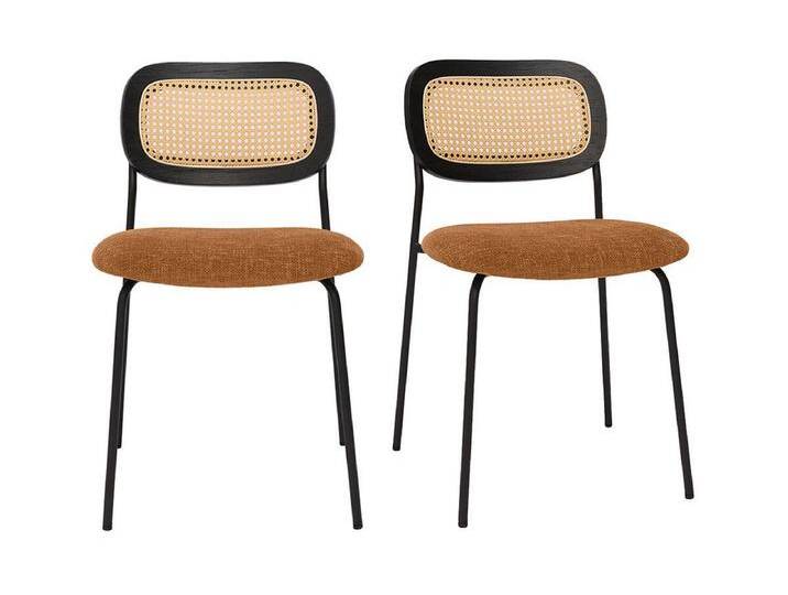 Design-Stühle aus texturiertem Samtstoff in verbrannter Erde, schwarzem Metall und Rattan-Geflecht (2er-Set) MIRANDA von Kauf-Unique Marketplace