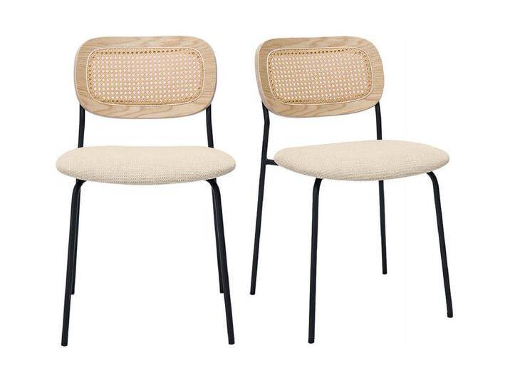 Design-Stühle in beigem strukturiertem Samteffektstoff, schwarzem Metall und Rattanwebung (2er-Set) MIRANDA von Kauf-Unique Marketplace