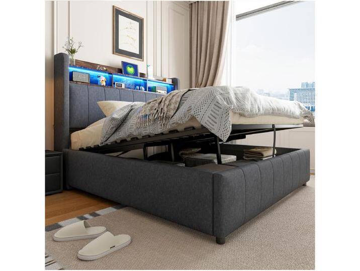 Doppel-Polsterbett mit Stauraum – 140 x 200 cm – mit LEDs + USB-Anschluss – Kopfteil mit Stauraum – Leinenstoff – Grau Doppel-Polsterbett mit Stauraum – 140 x 200 cm – mit LEDs + USB-Anschluss – Kopfteil mit Stauraum – Leinenstoff – Grau von Kauf-Unique Marketplace