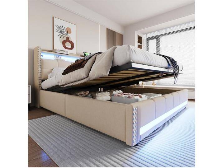 Doppel-Polsterbett mit Stauraum – 180 x 200 cm – mit LEDs, USB, Kopfteil mit Stauraum – Leinen, Metall, Sperrholz + MDF – Beige von Kauf-Unique Marketplace