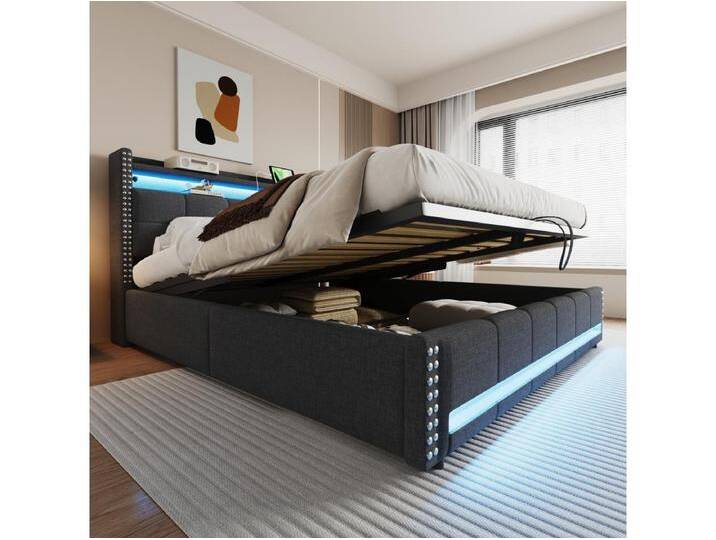 Doppel-Polsterbett mit Stauraum – 180 x 200 cm – mit LEDs, USB, Kopfteil mit Stauraum – Leinen, Metall, Sperrholz + MDF – Grau von Kauf-Unique Marketplace
