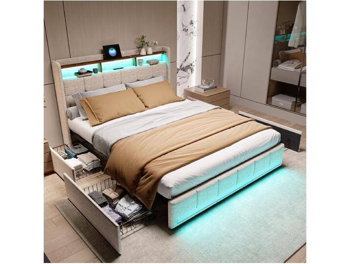 Doppelbett 140x200 cm, mit 4 Schubladen, LED-Beleuchtung, Regalen, USB-C-Ladefunktion, Holzlattenrost, Leinen-Polsterbett - Beige von Kauf-Unique Marketplace
