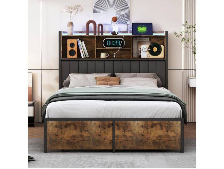 Doppelbett 140x200 cm mit LED, Metallrahmen, 2 Schubladen, Kopfteil mit Stauraum, Lattenrost Doppelbett 140x200 cm mit LED, Metallrahmen, 2 Schubladen, Kopfteil mit Stauraum, Lattenrost von Kauf-Unique Marketplace