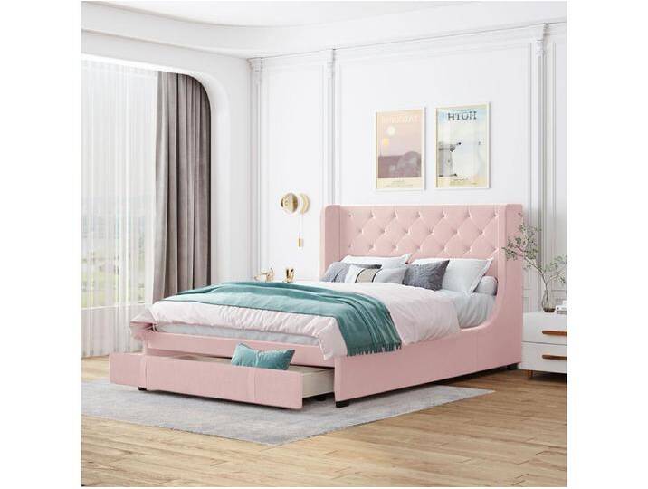 Doppelbett 140x200 cm mit großen Schubladen - Polsterbett mit Lattenrost und Rückenlehne aus Pro-Lin-Stoff - rosa Erwachsenenbett von Kauf-Unique Marketplace
