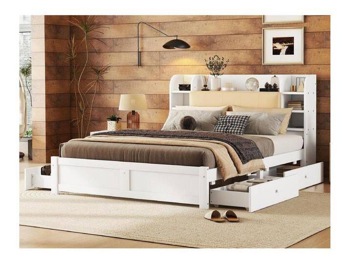 Doppelbett 160 x 200 cm – 4 Schubladen – Staufächer am Kopfteil – Weiß von Kauf-Unique Marketplace