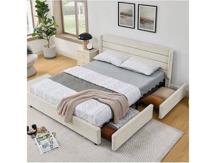 Doppelbett 160 x 200 cm – Erwachsenenbett mit 2 großen Schubladen – beiger Chenille-Stoff – Matratze nicht enthalten von Kauf-Unique Marketplace
