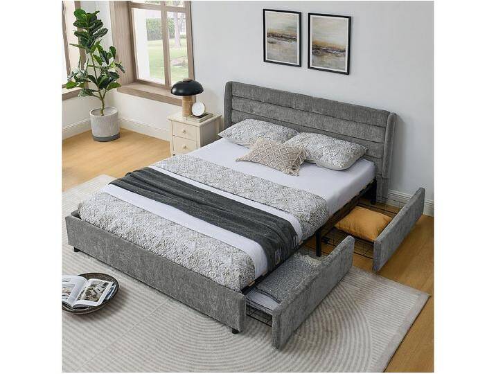 Doppelbett 160 x 200 cm – Erwachsenenbett mit 2 großen Schubladen – dunkelgrauer Chenille-Stoff – Matratze nicht enthalten von Kauf-Unique Marketplace