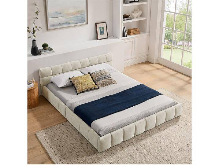 Doppelbett 160 x 200 cm – Erwachsenenbett mit weichem Kopfteil und Eisenrahmen – beigefarbenes Chenille – Matratze nicht im Lieferumfang enthalten von Kauf-Unique Marketplace