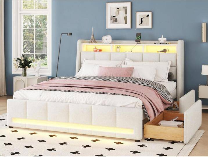 Doppelbett 160 x 200 cm aus Leinenstoff – mit 2 Schubladen + LED + USB-Buchse – Beige von Kauf-Unique Marketplace