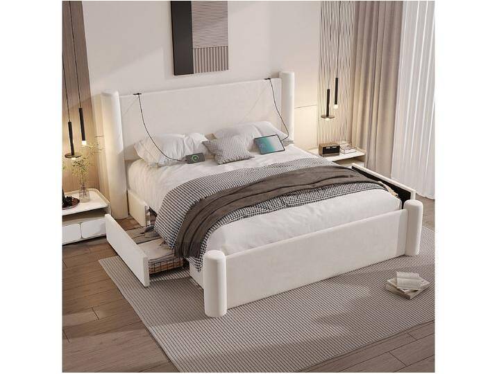 Doppelbett 160 x 200 cm mit 2 Schubladen, Kopfteil und USB-Anschluss – beiger Samt (ohne Matratze) von Kauf-Unique Marketplace