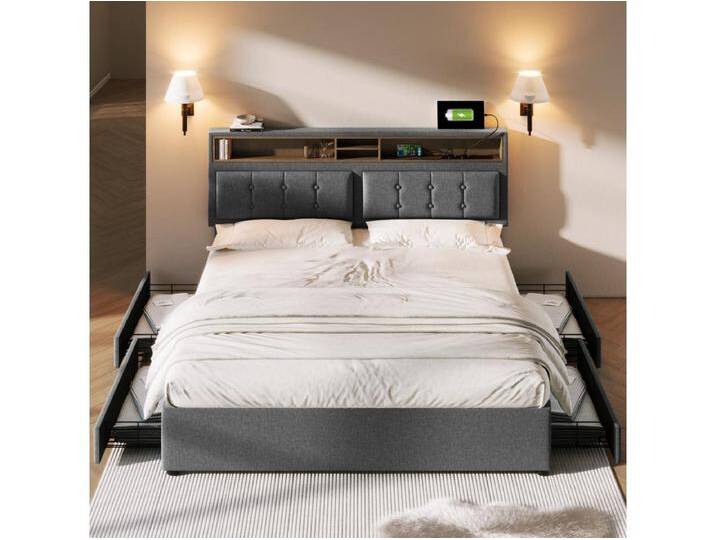 Doppelbett 160 x 200 cm mit 4 Schubladen und USB-C-Buchse – verstellbares Kopfteil – Grau von Kauf-Unique Marketplace