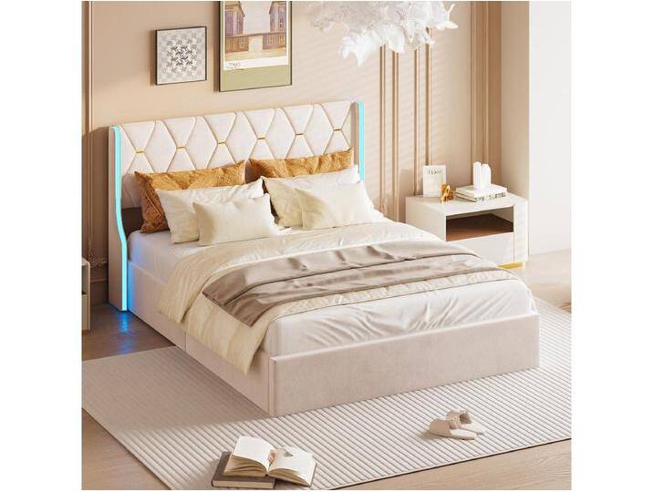 Doppelbett 160 x 200 cm mit Lattenrost, Polsterbett mit Stauraum, Kopfteil mit verstellbarer LED-Beleuchtung, Samt, beige von Kauf-Unique Marketplace