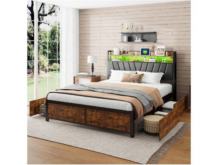 Doppelbett 160 x 200 cm – mit Lattenrost aus Metall und Kopfteil mit LED-Aufbewahrung – Industriestil – schwarzes PU-Bett von Kauf-Unique Marketplace