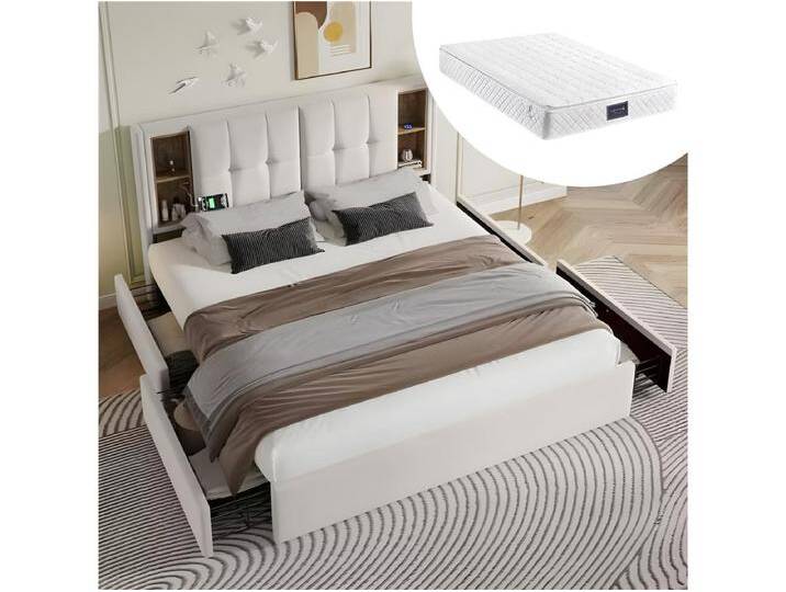 Doppelbett 160 x 200 cm mit kabellosem USB-C-Ladegerät und 4 Schubladen – Samt – Beige + Matratze von Kauf-Unique Marketplace