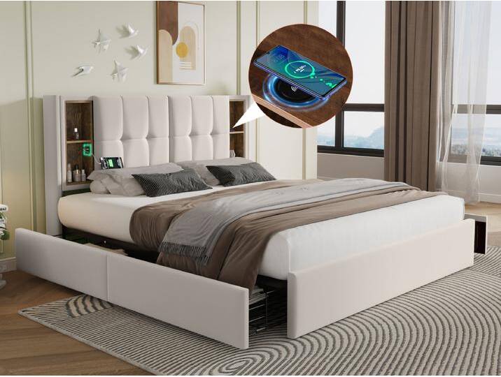 Doppelbett 160 x 200 cm mit kabellosem USB-C-Ladegerät und 4 Schubladen – Samt – Beige Doppelbett 160 x 200 cm mit kabellosem USB-C-Ladegerät und 4 Schubladen – Samt – Beige von Kauf-Unique Marketplace