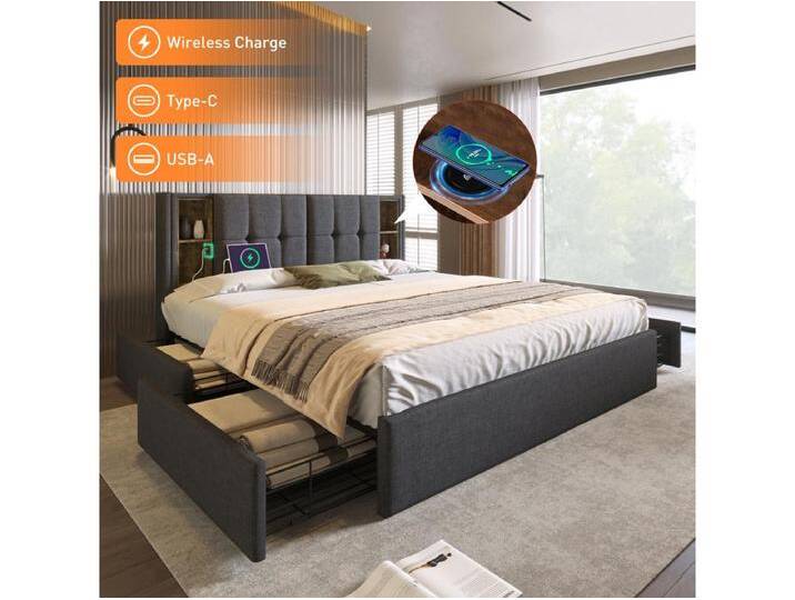Doppelbett 160 x 200 cm mit kabellosem USB-C-Ladegerät und 4 Schubladen – Samt – Grau von Kauf-Unique Marketplace