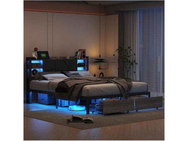 Doppelbett 180x200 cm, Metall, mit LED-Beleuchtung und USB-Ladefunktion, Polsterbett mit 2 Schubladen, Schwarz von Kauf-Unique Marketplace