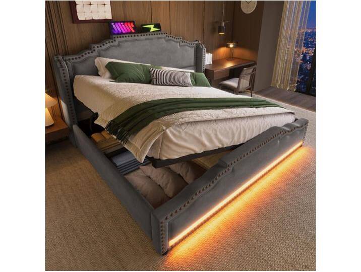 Doppelbett Polsterbett mit Stauraum - 140 x 200 cm - mit LEDs + USB-C - Samt - grau von Kauf-Unique Marketplace