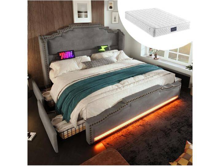 Doppelbett Polsterbett mit Stauraum - 160 x 200 cm - mit 4 Schubladen + LEDs + USB - mit Matratze - Samt - Grau von Kauf-Unique Marketplace