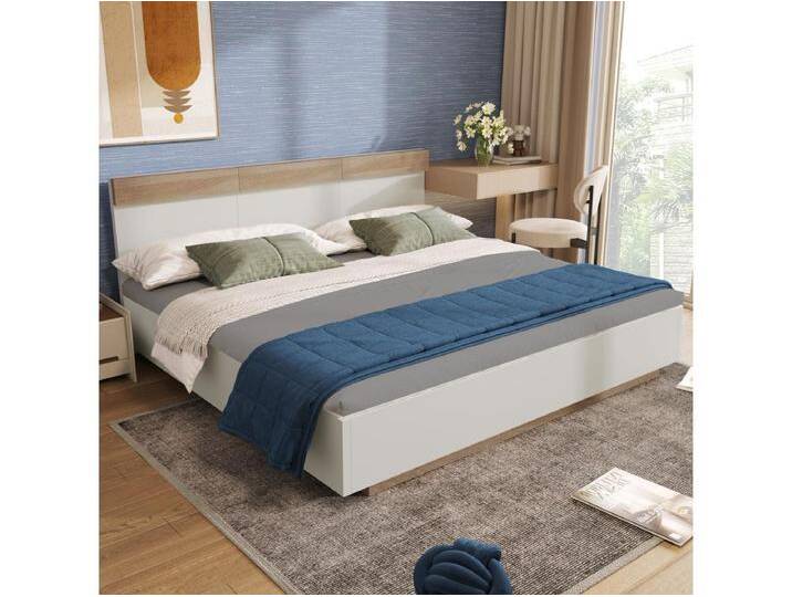 Doppelbett aus Holz, schwebendes Bett mit Kopfteil – 160 x 200 cm – Sonoma-Eiche + Weiß von Kauf-Unique Marketplace