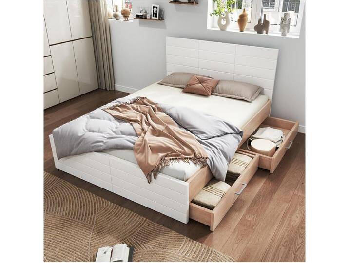 Doppelbett aus Holz 160 x 200 cm mit 2 Schubladen, Set Eiche + weiß. von Kauf-Unique Marketplace