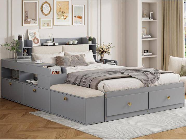Doppelbett aus Massivholz 140×200 cm - mit Stauraum - mit 2 Schubladen - mit Nachttisch - mit Hocker - Grau (ohne Matratze) von Kauf-Unique Marketplace