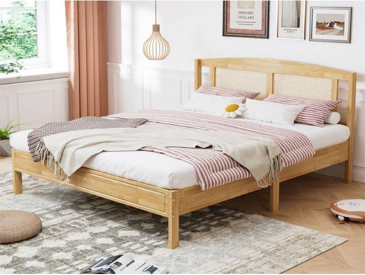 Doppelbett für Erwachsene 160 x 200 cm – Kopfteil aus Kiefernholz und Rattan – Natur von Kauf-Unique Marketplace