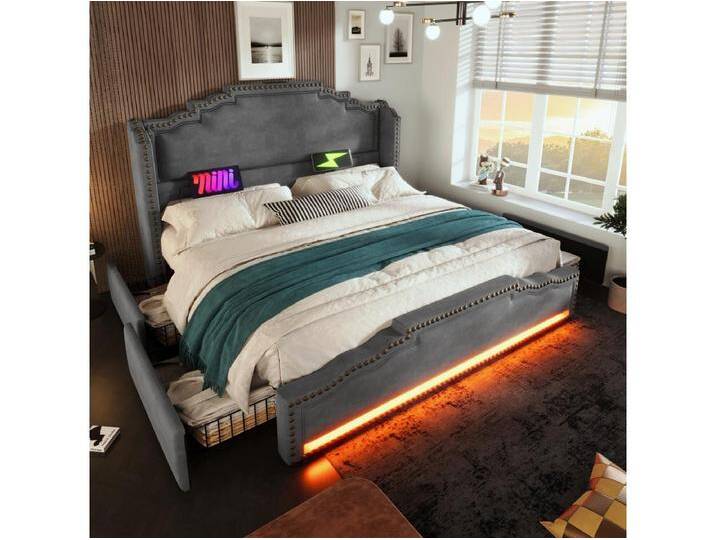 Doppelbett gepolstertes Stauraumbett - 160 x 200 cm - mit LEDs + USB-C + 4 Schubladen - Samt - grau von Kauf-Unique Marketplace