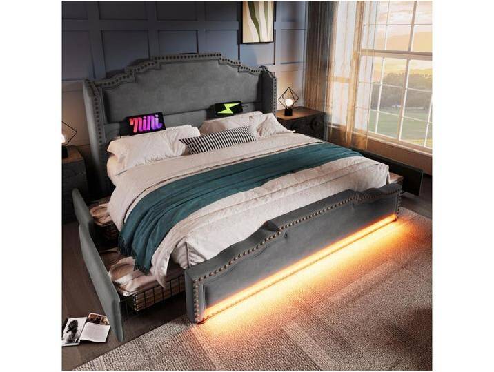 Doppelbett gepolstertes Stauraumbett - 180 x 200 cm - mit LEDs + USB-C + 4 Schubladen - Samt - grau Doppelbett gepolstertes Stauraumbett - 180 x 200 cm - mit LEDs + USB-C + 4 Schubladen - Samt - grau von Kauf-Unique Marketplace