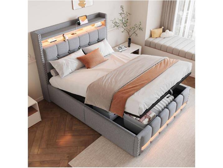 Doppelbett mit Polsterbett und Stauraum - 140 x 200 cm - LEDs + Kopfteil mit USB - Leinenstoff - Hellgrau Doppelbett mit Polsterbett und Stauraum - 140 x 200 cm - LEDs + Kopfteil mit USB - Leinenstoff - Hellgrau von Kauf-Unique Marketplace
