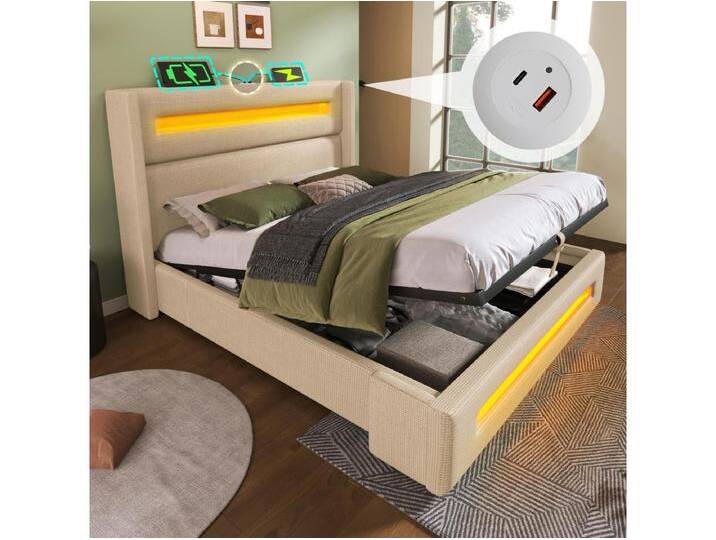 Doppelbett mit Polsterbett und Stauraum – 140 x 200 cm – mit LEDs + USB Type-C Aufladen – Leinen – Beige Doppelbett mit Polsterbett und Stauraum – 140 x 200 cm – mit LEDs + USB Type-C Aufladen – Leinen – Beige von Kauf-Unique Marketplace
