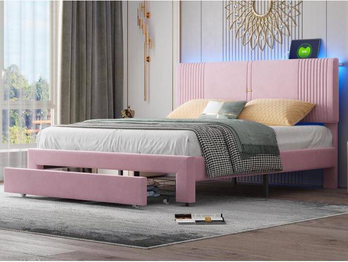 Doppelbett mit Samtbezug 160 x 200 cm – mit LED und USB-Ladeanschluss – mit großer Schublade – Rosa von Kauf-Unique Marketplace