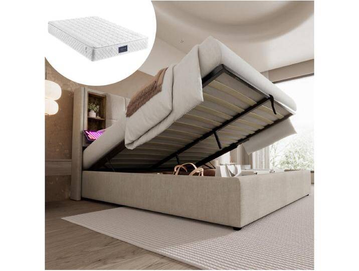 Doppelbett mit Stauraum - 160 x 200 cm - mit kabellosem USB-Ladegerät - mit Matratze - Leinenstoff - Natur von Kauf-Unique Marketplace