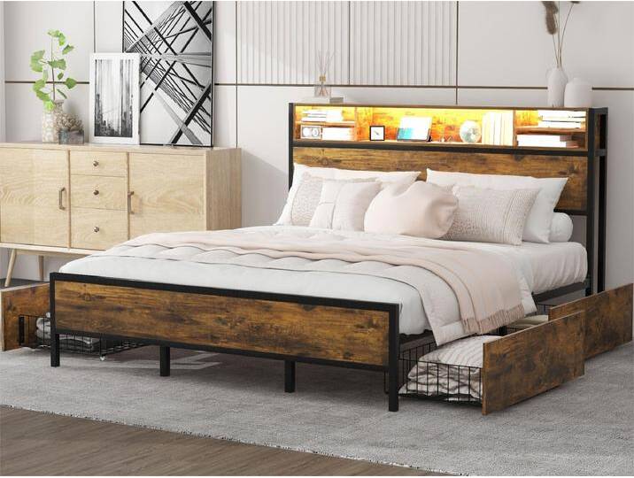Doppelbett mit Stauraum am Kopfteil und 4 Schubladen – 180 x 200 cm – LEDs und USB-Buchse – MDF-Holz und Metall – Industriestil – Braun von Kauf-Unique Marketplace