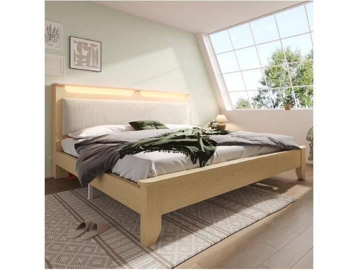 Doppelbett mit gepolsterter Rückenlehne - 180 x 200 cm - Kopfteil mit Stauraum + LEDs - MDF - beige von Kauf-Unique Marketplace